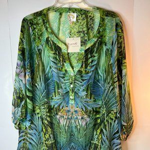 Anthropologie Fig & Flower Plus Size 1X Green Blue Sheer 3/4 Sleeve Tunic Top